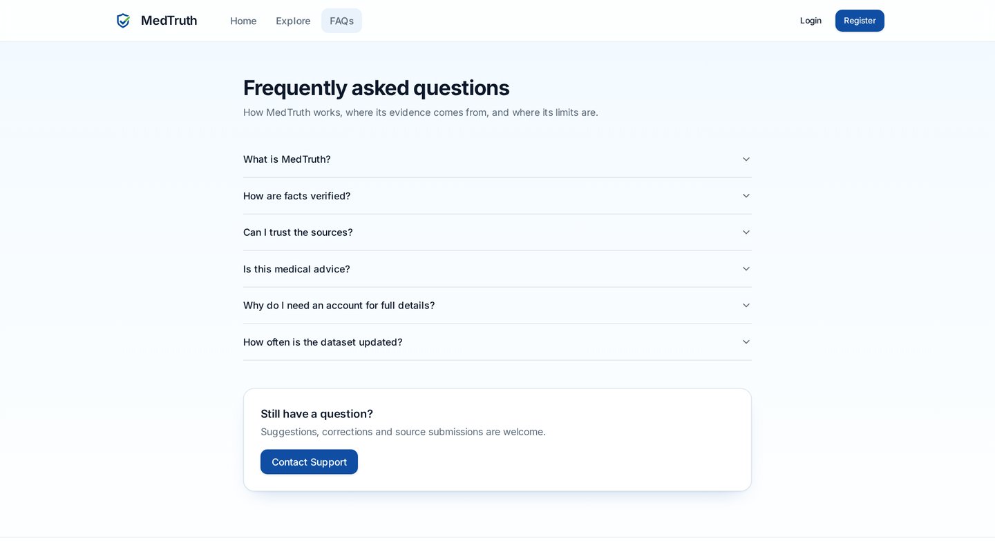 MedTruth FAQs screen