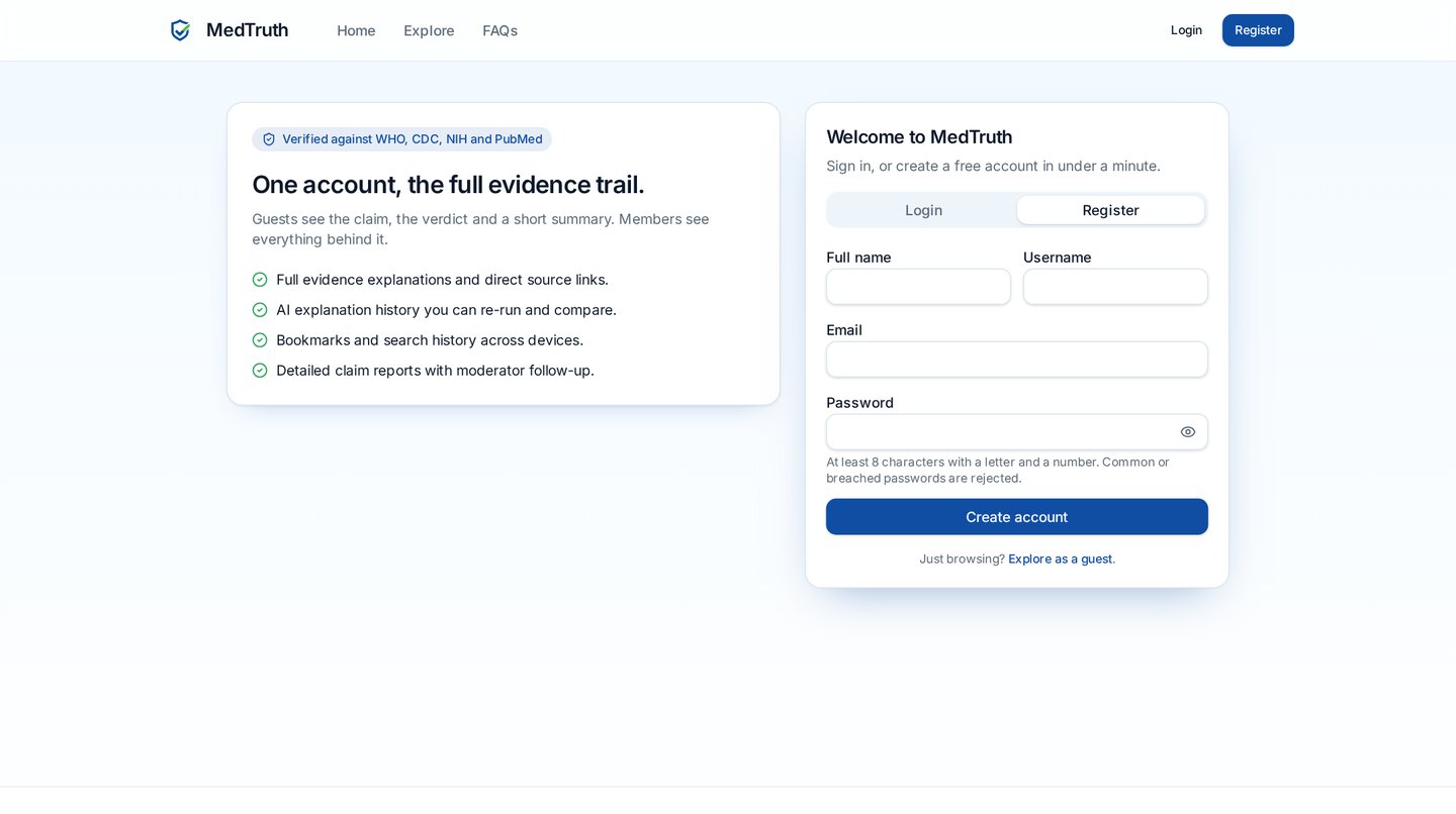 MedTruth Register screen